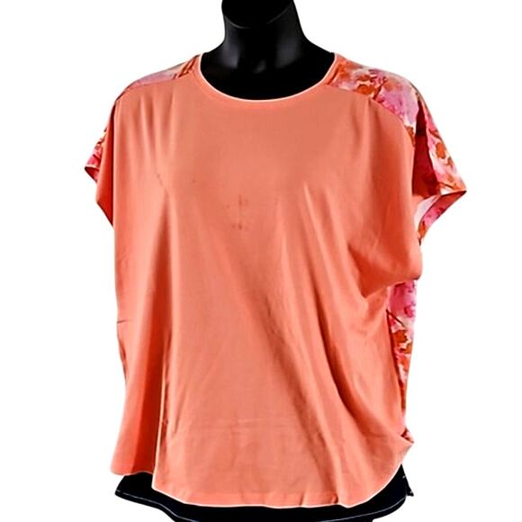 NWOT Isaac Mizrahi Knit Short Sleeve Peach Top with rear floral print size XL - Picture 5 of 7